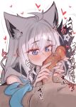  1boy 1girl animal_ears ayuki_(26659796) blue_eyes blue_nails censored fellatio fingernails fox_ears fox_girl fox_tail hair_between_eyes heart highres hololive long_hair mosaic_censoring nail_polish oral penis shirakami_fubuki shirakami_fubuki_(1st_costume) simple_background tail virtual_youtuber white_background white_hair 