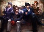  couch crossed_legs cup dated drinking_glass english family fingerless_gloves gloves highres hwoarang_(tekken) kazama_jin lars_alexandersson lee_chaolan multiple_boys shirt sitting sleeveless sleeveless_shirt spiked_hair sunglasses tekken tekken_6 ultramarine wine_glass 