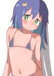  1girl bare_arms bare_shoulders bikini blue_hair blush collarbone colored_inner_hair commentary contrapposto flat_chest green_eyes hair_between_eyes hair_ornament hatafuta long_hair looking_at_viewer multicolored_hair navel onii-chan_wa_oshimai! simple_background smile solo stomach swimsuit tenkawa_nayuta two-tone_hair underwear underwear_only upper_body white_background 