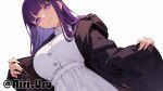  1girl black_coat breasts coat dress fern_(sousou_no_frieren) highres large_breasts long_sleeves looking_at_viewer nokku_(ren_nokku) purple_eyes purple_hair purple_pupils simple_background solo sousou_no_frieren twitter_username white_background white_dress 