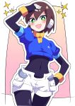  1girl absurdres aile_(mega_man_zx) black_bodysuit blush bodysuit brown_hair buzzlyears cropped_jacket green_eyes hand_in_own_hair highres looking_at_viewer mega_man_(series) mega_man_zx navel open_mouth robot_ears short_hair shorts solo white_shorts 