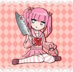  1girl :p animal argyle argyle_background black_eyes blunt_bangs blush bow bowtie ezaki_bisuko hair_ornament heart highres holding holding_knife holding_weapon knife menhera-chan_(ezaki_bisuko) menhera-chan_(ezaki_bisuko)_(character) pink_background pink_footwear pink_sailor_collar pink_serafuku pink_skirt pleated_skirt rabbit rabbit_hair_ornament red_bow red_bowtie sailor_collar school_uniform serafuku short_twintails skirt solo striped_clothes striped_thighhighs thighhighs tongue tongue_out twintails weapon 
