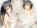  2girls akino_shuu bathing black_hair breasts dirty fusou_(kantai_collection) hiyoko_(kantai_collection) kantai_collection large_breasts long_hair looking_at_viewer multiple_girls nipples nude onsen open_mouth partially_submerged rashinban_musume red_eyes sitting surprised towel yamashiro_(kantai_collection) yokozuwari 