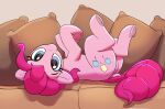 blue_eyes cutie_mark earth_pony equid equine eyebrows eyelashes featureless_crotch female feral friendship_is_magic hair hasbro hi_res hooves horse looking_at_viewer lying mammal my_little_pony on_back pabbley pillow pink_body pink_hair pink_tail pinkie_pie_(mlp) pony quadruped solo tail