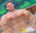  1boy arm_hair bara bathing beard belly blush brown_hair coral_island cowboy_shot facial_hair from_below full_beard hairy highres large_areolae large_pectorals looking_at_viewer male_focus mark_(coral_island) mature_male muscular muscular_male navel nipples nude one_eye_closed onsen osaru_(bon_donuts) pectorals plump rubber_duck short_hair smile solo sparse_arm_hair sparse_chest_hair sparse_navel_hair steam stomach thick_beard thick_mustache wet 