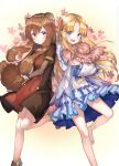  2girls :d animal animal_ears barefoot bird blonde_hair blue_bow blue_dress blue_eyes blush boots bow brown_dress brown_footwear brown_hair chewi child closed_mouth commentary_request cuffs dress dress_bow filo_(filolial_form)_(tate_no_yuusha_no_nariagari) filo_(tate_no_yuusha_no_nariagari) fluff foot_out_of_frame frilled_dress frills gradient_background hair_between_eyes hand_on_hilt highres holding holding_animal holding_bird leg_up light_smile long_hair long_sleeves looking_at_viewer multiple_girls open_mouth raccoon_ears raccoon_girl raccoon_tail raphtalia red_dress red_eyes short_sleeves sidelocks smile standing tail tate_no_yuusha_no_nariagari time_paradox white_background white_dress yellow_background 