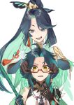  1boy 1girl absurdres ahoge aqua_eyes aqua_lips bead_necklace beads black_hair chinese_hairpin cloud_retainer_(genshin_impact) colored_inner_hair earrings facial_mark forehead_mark genshin_impact glasses gloves green_hair hair_ornament height_difference highres jewelry long_hair multicolored_hair necklace red-framed_eyewear semi-rimless_eyewear tassel tassel_earrings tassel_hair_ornament tsukushi_azu two-tone_hair very_long_hair xianyun_(genshin_impact) xiao_(genshin_impact) yellow_eyes 