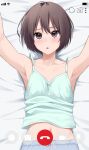  1girl absurdres aqua_camisole armpits arms_up blush bob_cut breasts brown_hair camisole collarbone commentary_request grey_shorts highres kiona_(giraffe_kiona) looking_at_viewer lying navel on_back on_bed original parted_lips purple_eyes short_hair shorts small_breasts solo video_call 
