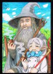  1boy 1girl absurdres artist_logo beard blue_eyes blue_scarf blush closed_eyes coat commentary drop_earrings earrings english_commentary facial_hair fanaticfrancis forest frieren gandalf grey_hair grey_robe hat highres holding holding_smoking_pipe holding_staff jewelry long_beard long_hair long_sleeves nature pointy_ears robe scarf sitting sleeves_past_wrists smoking smoking_pipe sousou_no_frieren staff the_lord_of_the_rings tolkien&#039;s_legendarium traditional_media wagon white_coat wizard_hat 