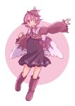  1girl adapted_costume animal_ears bird_ears bird_wings black_dress blush boots brown_eyes brown_footwear brown_headwear brown_shirt dress hat knee_boots long_sleeves looking_at_viewer mystia_lorelei open_mouth pink_hair rangycrow shirt short_hair smile solo touhou white_wings winged_hat wings 