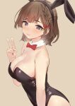  1girl :3 alternate_costume animal_ears asahi_(kancolle) black_leotard bow bowtie breasts brown_hair cleavage cowboy_shot detached_collar grey_eyes hair_ribbon kantai_collection leotard medium_breasts mole mole_under_mouth pink_background playboy_bunny rabbit_ears red_bow red_bowtie ribbon sakieko short_hair simple_background solo strapless strapless_leotard v 
