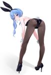  1girl alternate_costume animal_ears ass backless_leotard bad_id bad_twitter_id bare_shoulders black_footwear black_leotard black_pantyhose blue_hair blush breasts closed_mouth fake_animal_ears fake_tail fawny from_behind hands_on_own_knees hashtag_only_commentary high_heels highres hololive hoshimachi_suisei leaning_forward legs leotard long_hair looking_at_viewer looking_back pantyhose playboy_bunny rabbit_ears rabbit_tail side_ponytail simple_background small_breasts solo standing strapless strapless_leotard tail virtual_youtuber white_background white_wrist_cuffs wrist_cuffs 