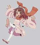  1girl :d ahoge brown_dress brown_eyes brown_hair brown_scarf commentary_request dress full_body grey_background long_sleeves mawaru_(mawaru) original outline outstretched_arms pantyhose scarf shoe_soles shoes simple_background smile solo spread_arms white_outline white_pantyhose wide_sleeves 