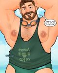  1boy arm_hair armpit_stubble armpits bara bare_pectorals beach beard belly brown_hair come_hither coral_island facial_hair full_beard goggles goggles_around_neck green_male_swimwear green_tank_top isvenkov large_areolae large_pectorals looking_at_viewer male_focus male_swimwear manboobs mark_(coral_island) muscular muscular_male nipples paid_reward_available pectorals plump presenting_armpit seductive_smile short_hair smile solo sparse_chest_hair sweat swim_briefs tank_top thick_beard 