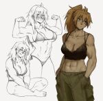  1girl abs bikini blonde_hair blue_eyes blush breasts cargo_pants cleavage crossed_legs dorohedoro flexing gutalalaman hands_in_pockets highres lingerie looking_to_the_side muscular muscular_female nikaidou_(dorohedoro) pants sitting solo swimsuit underwear 