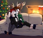 absurd_res abyssalspoon anthro bovid boy_kisser_(meme) caprine christmas christmas_lights christmas_tree cuddling deer duo fireplace flannel gingerdaniel goat hi_res holidays joessay male male/male mammal plant tree