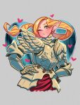  1girl absurdres alternate_costume armor blonde_hair braid closed_mouth cropped_torso dungeon_meshi elf fake_wings faulds floating_hair frown gauntlets gorget green_eyes grey_background hair_half_undone hair_tubes hands_on_own_hips hashtag_only_commentary heart highres living_armor_(dungeon_meshi) loen long_hair looking_at_viewer low-tied_sidelocks marcille_donato one_eye_closed pauldrons plate_armor pointy_ears shoulder_armor solo sweat updo wings 