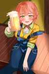  1girl absurdres alcohol beer beer_mug blush breasts character_request collared_shirt cup drink drunk freckles from_above futoshi_tanaka green_eyes happy highres holding holding_drink looking_at_viewer mug open_mouth shirt short_hair sitting sleeves_rolled_up smile solo source_request suspenders suspenders_slip thigh_gap toasting_(gesture) virtual_youtuber 