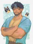  1boy bandit_(bluey) bara beard black_hair bluey chest_hair_peek crossed_arms facial_hair forearms full_beard gradient_beard highres humanization large_pectorals looking_at_viewer m3gamoo male_focus mature_male multicolored_hair muscular muscular_male open_clothes open_shirt pectoral_lift pectorals reference_inset shirt short_hair smile solo streaked_hair thick_arm_hair thick_eyebrows two-tone_background upper_body 
