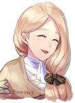  1girl ane-suisei blonde_hair bow brown_capelet capelet closed_eyes fire_emblem fire_emblem:_three_houses hair_bow hair_over_shoulder long_hair low-tied_long_hair low_ponytail mercedes_von_martritz open_mouth 