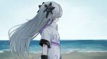  1girl arms_at_sides beach black_gloves cevio coat commentary_request day elbow_gloves facing_to_the_side floating_hair from_side gloves grey_hair hair_ornament hair_over_eyes histoire-ange horizon kamitsubaki_studio long_hair multicolored_hair o-ring ocean outdoors profile purple_hair sand sekai_(cevio) short_sleeves solo standing streaked_hair upper_body waves white_coat zipper_pull_tab 