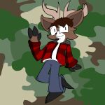 absurd_res anthro bovid caprine clothed clothing deer flannel fur hair hi_res hooves joessay male mammal simple_background smile solo tanukiweirdo