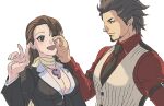  1boy 1girl ace_attorney beard black_eyes black_jacket black_necktie breasts brown_eyes brown_hair brown_vest cleavage closed_mouth collared_shirt diego_armando earrings facial_hair hand_up highres jacket jewelry large_breasts lcageki long_hair long_sleeves magatama magatama_necklace mia_fey mole mole_under_mouth necklace necktie open_mouth phoenix_wright:_ace_attorney_-_trials_and_tribulations profile red_shirt rice scarf shirt short_hair simple_background smile upper_body vest white_background yellow_scarf 