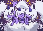  3girls :3 :p closed_mouth cloud colored_skin commentary dazzi facing_viewer grin high_ponytail highres horns jaggy_lines long_hair multiple_girls navel outline pal_(creature) palworld purple_skin single_horn smile soundog-2031 teeth tongue tongue_out white_hair white_outline 