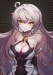  1girl ahoge bare_shoulders black_background black_leotard breasts cleavage collarbone commentary_request grey_hair highres honkai_(series) honkai_impact_3rd junik_(snrj2255) kiana_kaslana kiana_kaslana_(herrscher_of_the_void) korean_commentary large_breasts leotard long_hair solo upper_body v-shaped_eyebrows very_long_hair yellow_eyes 