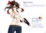  :o absurdres alternate_costume bare_shoulders belgian_flag belt blush bow brown_eyes brown_hair criss-cross_halter crop_top denim five-seven_(gun) front-tie_top gun hair_ornament hair_ribbon hair_tubes hakurei_reimu halter_top halterneck handgun highres jeans long_hair looking_at_viewer midriff nanahara_fuyuki navel open_mouth pants pistol ponytail racking_slide red_ribbon ribbon scan shirt short_hair solo standing tied_shirt touhou translation_request trigger_discipline weapon 