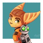 2024 anthro brown_nose brown_stripes clank_(ratchet_and_clank) clothing duo eyebrows fur green_eyes headgear headwear hi_res lombax looking_at_viewer machine male mammal milaisadoodles portrait ratchet ratchet_and_clank robot smile sony_corporation sony_interactive_entertainment striped_body striped_fur stripes yellow_eyes