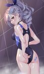  1girl adjusting_clothes adjusting_swimsuit ass bandaid bandaid_on_ass black_one-piece_swimsuit black_thighhighs commentary_request competition_swimsuit drill_hair from_behind grey_eyes grey_hair highleg highleg_swimsuit highres honkai:_star_rail honkai_(series) looking_at_viewer looking_back matrix16 medium_hair one-piece_swimsuit partial_commentary ponytail silver_wolf_(honkai:_star_rail) solo swimsuit thigh_gap thighhighs tile_wall tiles two-tone_swimsuit 