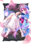  absurdres blue_headwear blue_kimono cherry_blossoms floating frilled_hat frilled_kimono frills hat highres japanese_clothes kimono knees_to_chest naga38 obi pants pink_hair purple_eyes saigyouji_yuyuko sash tabi touhou white_pants 