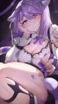  1girl animal_ears breasts cat_ears cat_girl cat_tail cleavage from_below head_rest highres hololive large_breasts looking_at_viewer medium_hair nail_polish nekomata_okayu nekomata_okayu_(6th_costume) official_alternate_costume purple_eyes purple_hair purple_nails smile solo squatting tail thighs tooya0923 virtual_youtuber 