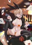  1girl ace_(playing_card) ace_of_spades animal_ears black_footwear black_shrug black_thighhighs blonde_hair blurry blurry_background bow bowtie breasts cameltoe card cleavage cocktail_glass commission cup deroo dog_ears dog_girl dog_tail drinking_glass fake_animal_ears four_of_hearts hair_ornament heart_maebari heart_pasties high_heels large_breasts maebari meme_attire navel on_table original pasties playing_card poker_chip pom_pom_(clothes) purple_eyes rabbit_ears red_bow red_bowtie reverse_bunnysuit reverse_outfit short_hair shrug_(clothing) sitting solo spade_(shape) star_(symbol) star_hair_ornament table tail thighhighs 