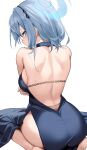  1girl absurdres ako_(blue_archive) ako_(dress)_(blue_archive) ass back backless_dress backless_outfit black_hairband blue_archive blue_dress blue_eyes blue_hair blue_halo blush breasts dress from_behind hairband halo highres kithera large_breasts long_hair looking_at_viewer looking_back official_alternate_costume simple_background sleeveless sleeveless_dress solo white_background 