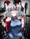  blue_vest blush carrying collared_vest curly_hair detached_sleeves highres holding horns red_eyes red_horns red_sleeves sharp_teeth spoon teeth touhou toutetsu_yuuma vest white_hair yudofu33 