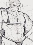  1boy abs bara blush chest_hair cowboy_shot cross_scar crossdressing embarrassed facial_hair goatee_stubble greyscale hairy highres houzouin_oniwaka igarashi_(igarashi_ta) large_pectorals looking_ahead male_focus medium_sideburns micro_bra monochrome muscular muscular_male navel navel_hair off_shoulder panties pectorals penis penis_peek scar scar_on_face scar_on_forehead short_hair solo sparse_chest_hair sparse_navel_hair steaming_body stomach strongman_waist stubble sweat thick_eyebrows thick_thighs thighs tokyo_afterschool_summoners underpec underwear undressing v-shaped_eyebrows very_sweaty 