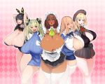  5girls absurdres animal_ears antenna_hair apron argyle argyle_background arms_up ascot bare_shoulders beret black_bow black_bowtie black_hair black_leotard black_skirt blonde_hair blue_cardigan blue_dress blush boobplate bow bowtie braid breast_strap breast_suppress breasts brown_eyes brown_hair button_gap cardigan cleavage closed_eyes collared_shirt cosplay costume_switch dark-skinned_female dark_skin detached_collar double_bun dress emma_(nikke) emma_(nikke)_(cosplay) fake_animal_ears frilled_hairband frills goddess_of_victory:_nikke green_ascot hair_bun hair_ornament hair_ribbon hairband hairclip hat highres huge_breasts jacket leotard long_hair maid_apron maid_headdress man-chin-cool mary_(nikke) mary_(nikke)_(cosplay) military_uniform multiple_girls no_legwear noir_(nikke) noir_(nikke)_(cosplay) one_eye_closed open_mouth panties partially_unbuttoned pencil_skirt pleated_skirt purple_eyes rabbit_ears red_ribbon ribbon school_uniform shirt skirt sleeveless soda_(nikke) soda_(nikke)_(cosplay) striped_bow striped_bowtie striped_clothes sweater sweater_dress teeth thighhighs tia_(nikke) tia_(nikke)_(cosplay) underwear uniform upper_teeth_only wardrobe_malfunction white_jacket white_panties white_thighhighs yellow_eyes 