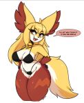 2024 absurd_res anthro bell bell_collar big_breasts bikini black_bikini black_clothing black_swimwear breasts clothing collar delphox dialogue eyebrow_through_hair eyebrows eyelashes female fur generation_6_pokemon hair hands_on_hips hi_res i_am_kat95 inner_ear_fluff long_hair looking_at_viewer nintendo pokemon pokemon_(species) red_body red_eyes red_fur simple_background solo swimwear thick_thighs translucent translucent_hair tuft white_background white_body white_fur wide_hips yellow_eyes