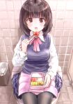  1girl :o absurdres artist_name bathroom bento black_pantyhose breasts chopsticks dated eating fluno food food_art grey_sweater_vest highres holding holding_chopsticks indoors medium_breasts medium_hair original pantyhose pink_eyes plaid plaid_skirt school_uniform shirt sitting skirt sweater_vest tako-san_wiener toilet trash_can uniform white_shirt 