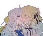  2girls anisphia_wynn_palettia black_ribbon blonde_hair blue_ribbon blush cheek-to-cheek closed_eyes commentary couple english_commentary euphyllia_magenta grey_hair hair_ribbon hand_on_another&#039;s_head heads_together highres jacket kaeshi_(yuukaeshi) long_hair medium_hair multiple_girls neck_ribbon parted_lips ribbon simple_background smile tensei_oujo_to_tensai_reijou_no_mahou_kakumei upper_body white_background white_jacket yellow_ribbon yuri 