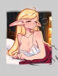  1girl absurdres bare_arms bare_shoulders bed_sheet blanket blonde_hair blush breasts closed_eyes day dungeon_meshi elf facing_to_the_side hair_behind_ear hair_down halterneck highres indoors loen long_hair lying marcille_donato medium_breasts morning on_bed on_stomach outside_border pointy_ears sketch sleep_bubble sleepwear sleepy solo spaghetti_strap squeans strap_gap tearing_up under_covers very_long_ears waking_up window 