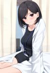  1girl absurdres black_dress black_hair blush brown_eyes coat collarbone commentary_request curtains dress highres id_card indoors infirmary kiona_(giraffe_kiona) lab_coat lanyard looking_at_viewer nurse on_bed original short_hair smile solo white_coat 