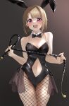  1girl absurdres animal_ears bare_shoulders black_leotard blush breasts clothing_cutout detached_collar fake_animal_ears fishnet_pantyhose fishnets gradient_background grey_hair groin highres holding holding_whip leotard looking_at_viewer love_live! love_live!_nijigasaki_high_school_idol_club nakasu_kasumi navel navel_cutout nyako_(utaneko31) open_mouth pantyhose playboy_bunny rabbit_ears red_eyes short_hair small_breasts solo standing sweat upper_body v-shaped_eyebrows whip yellow_nails 