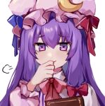  1girl blue_ribbon book bow bowtie chinese_commentary closed_mouth commentary_request crescent crescent_hat_ornament hair_bow hand_to_own_mouth hat hat_ornament hat_ribbon highres long_hair long_sleeves looking_at_viewer mob_cap patchouli_knowledge puff_of_air purple_eyes purple_hair red_bow red_bowtie red_ribbon ribbon simple_background smile solo touhou upper_body utsuro114514 white_background 