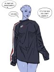  1girl alien asari_(mass_effect) black_sweater blue_eyes blue_hair blue_skin borrowed_clothes cbb_(tuucoo) colored_skin commentary_request english_text female_pov freckles highres liara_t&#039;soni loose_clothes mass_effect_(series) n7_hoodie oversized_clothes pov purple_lips short_hair sleeves_past_wrists solo speech_bubble standing sweater tentacle_hair 