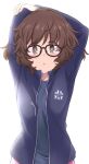  1girl akiyama_yukari alternate_costume arms_behind_head arms_up bespectacled black-framed_eyewear blue_jacket blue_shirt brown_eyes brown_hair girls_und_panzer glasses hazuki_haru highres jacket long_sleeves looking_at_viewer shirt short_hair solo 