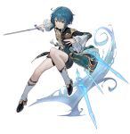  absurdres black_footwear black_shorts blue_hair coat fighting_stance genshin_impact highres holding holding_sword holding_weapon puffy_sleeves ryb short_hair shorts simple_background sword vision_(genshin_impact) weapon white_background xingqiu_(genshin_impact) yellow_eyes 
