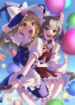  2girls apron arm_up balloon blonde_hair blue_headwear blue_sky blurry braid broom broom_riding brown_hair collared_dress commentary_request depth_of_field detached_sleeves dress frills hakurei_reimu hat hat_tug highres japanese_clothes kirisame_marisa long_hair looking_at_viewer looking_to_the_side miko multiple_girls multiple_riders open_mouth puffy_short_sleeves puffy_sleeves red_dress sakurano.neko short_sleeves side_braid single_braid sitting sky smile teeth touhou upper_teeth_only waist_apron white_apron witch_hat yellow_eyes 